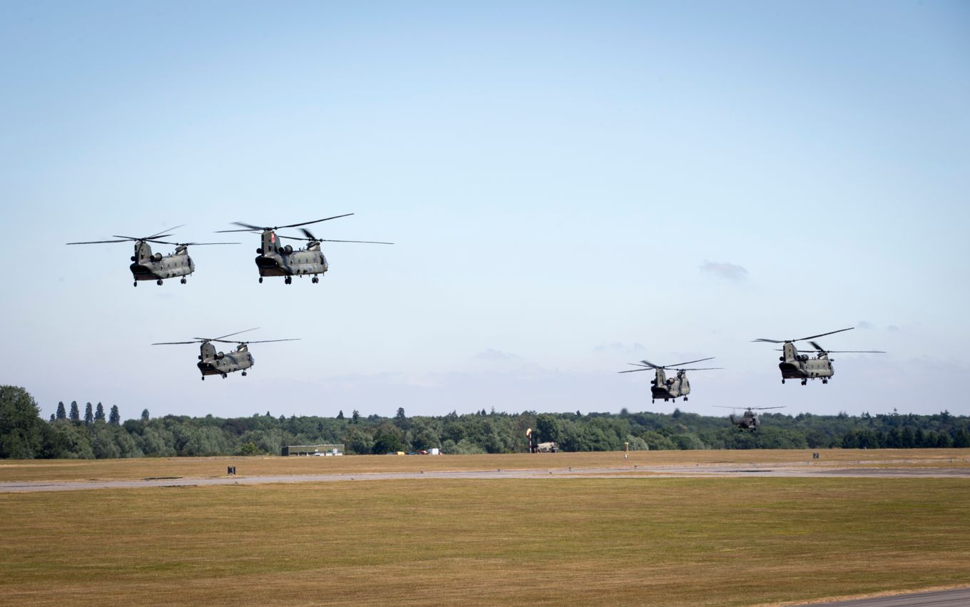Helicopters practice at RAF Wittering for the centenary flypast.