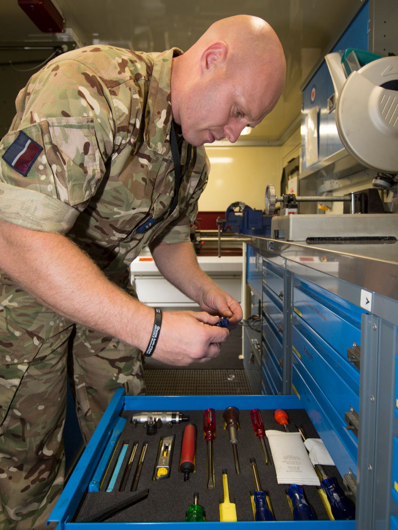 Cpl Martin Bulmer working on equipment at RAF Wittering in preparation for Exercise Saif Sareea 3