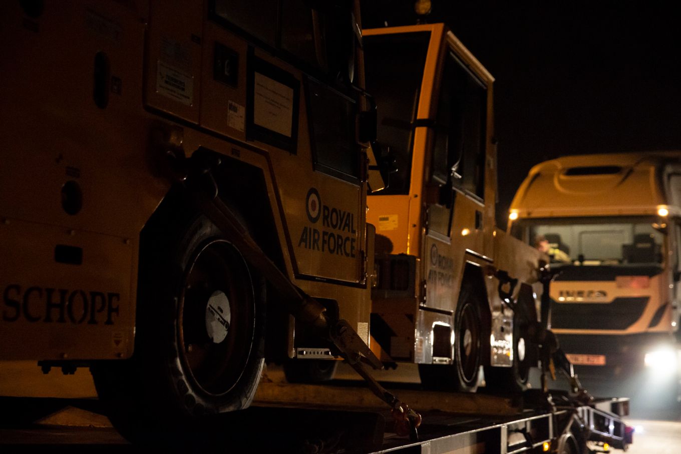 A closeup of the trailer transporting airfield vehicles
