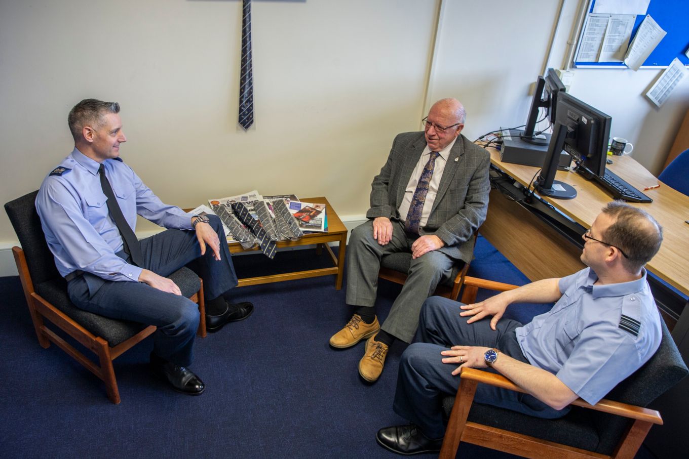 From left to right: Warrant Officer Darren Thomas, Mr Geoffrey Chesher-Brazier and Squadron Leader Gareth Davies.