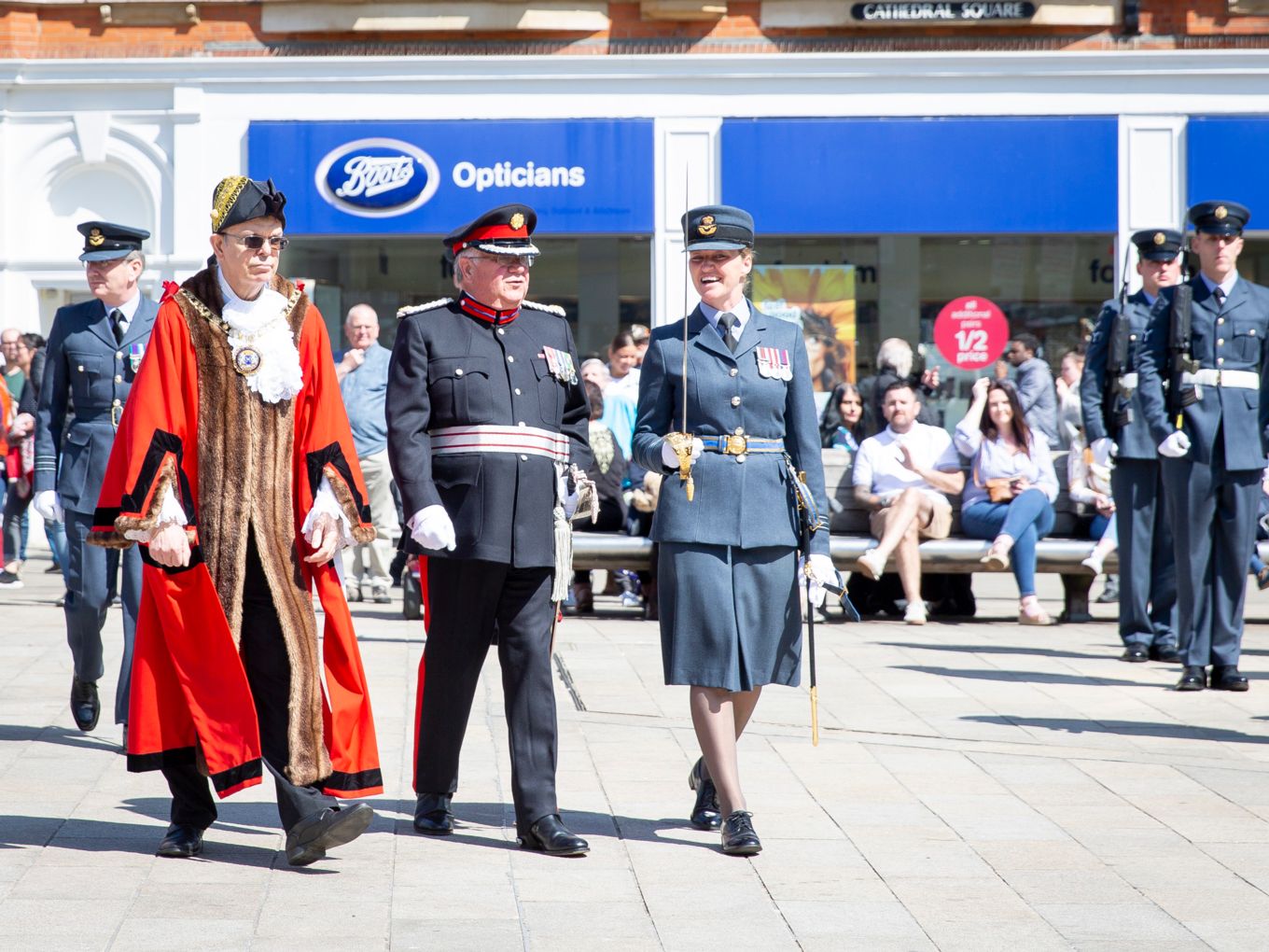 Parade Commander, Sqn Ldr Emma Wolstenholme with Colonel Mark Knight MBE, Deputy Lord Lieutenant of Cambridgeshire, and Councillor Chris Ash, The Right Worshipful the Mayor of the City of Peterborough