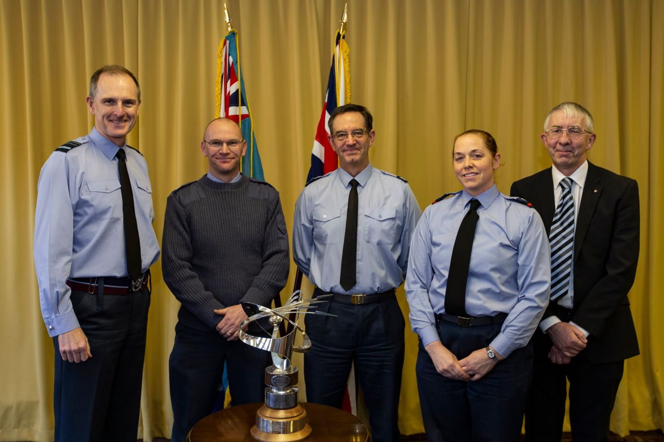 From left to right: Air Marshal Gerry Mayhew, Sergeant Steve Harland, Chief Tech Geoff Cook, Corporal Sarah Rathbone and Mr Mark Davis.