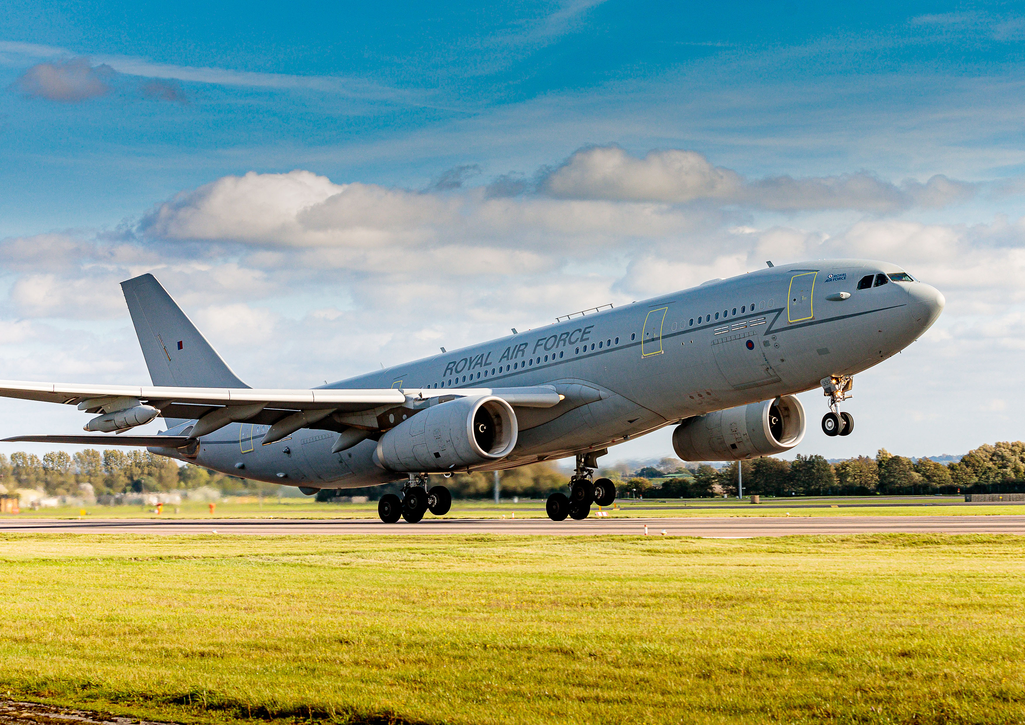 An RAF Voyager taking off from the runway.
