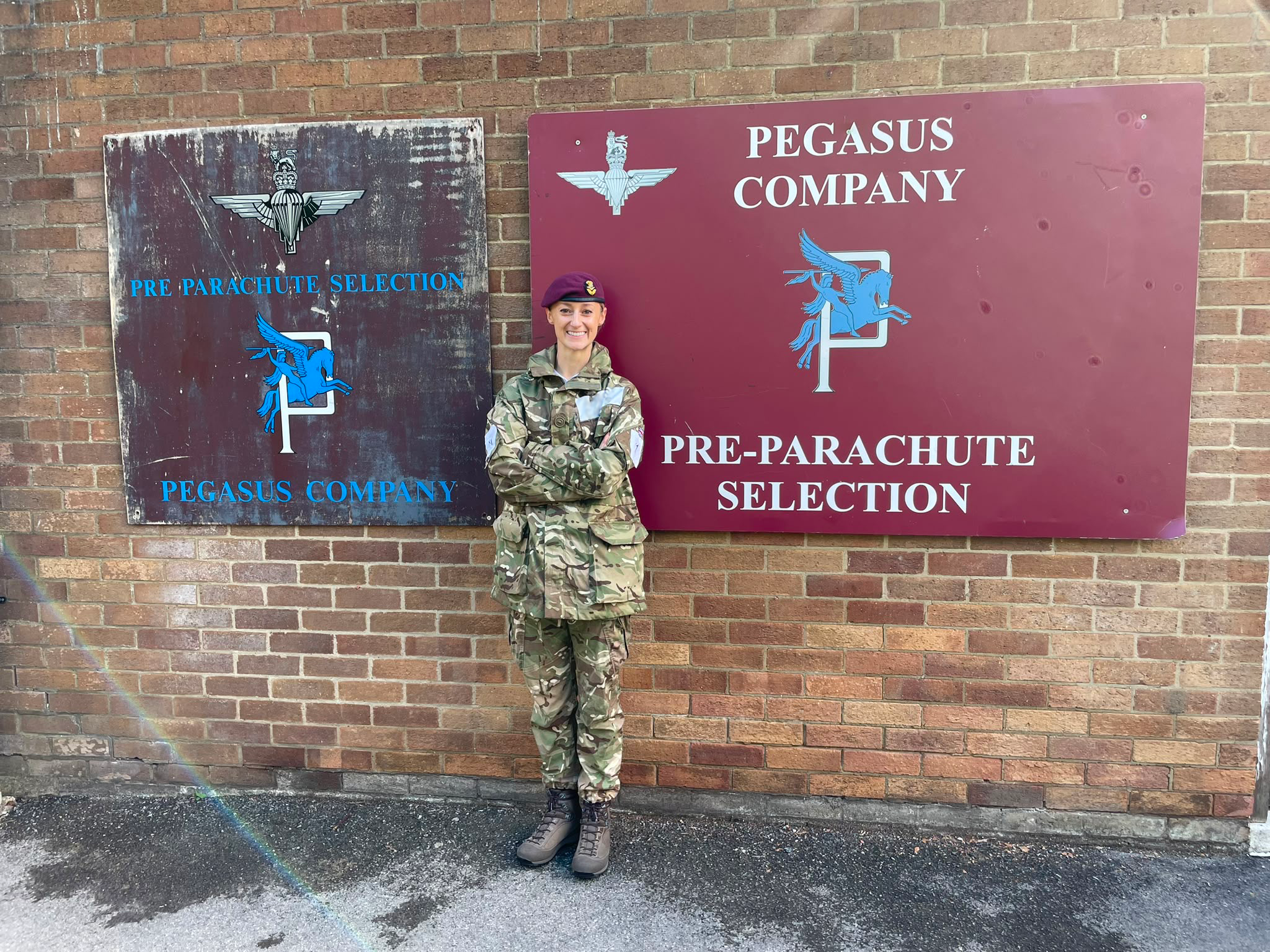 Flt Lt Alice wearing her maroon beret after completing her P Company training.