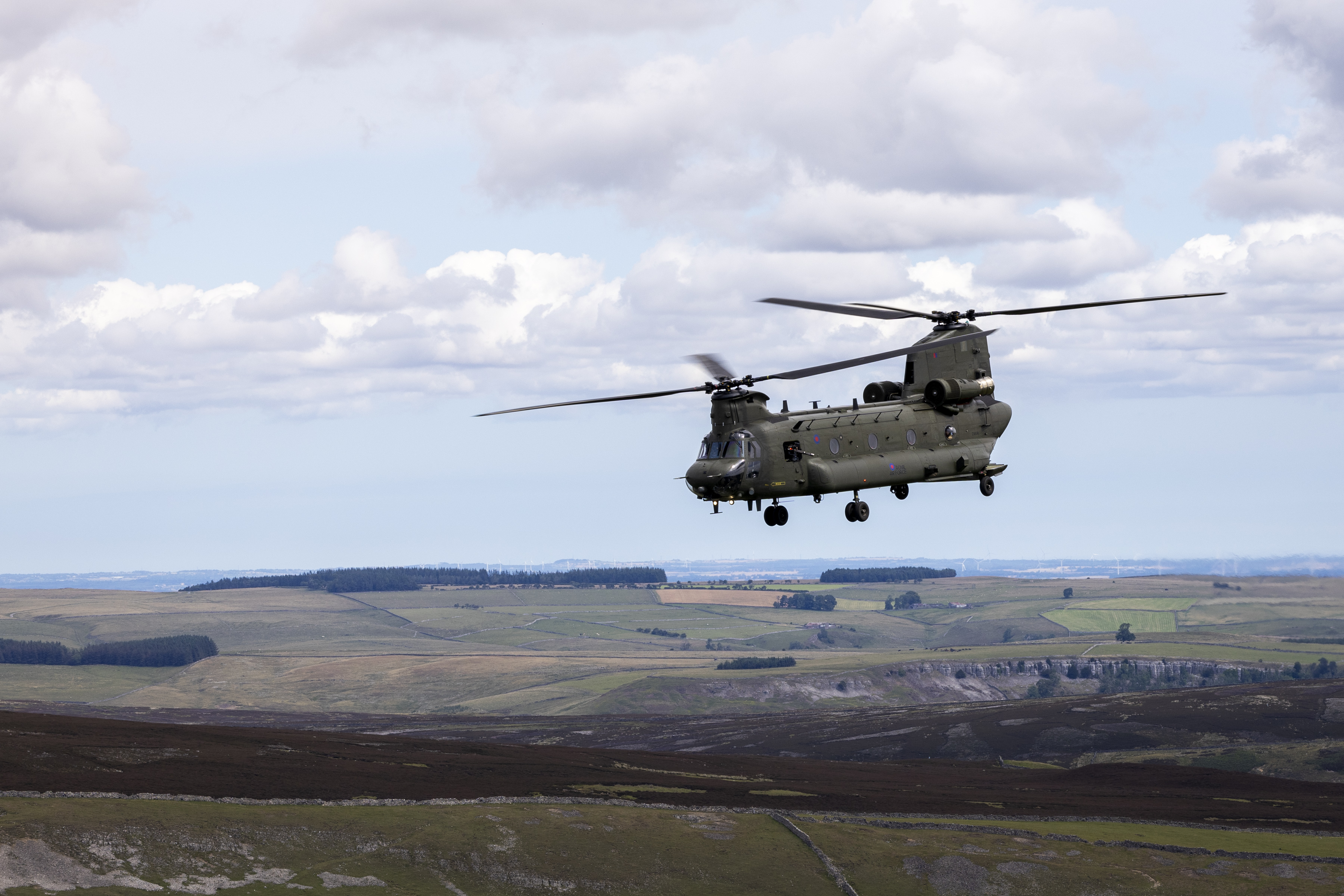A chinook flying across the Yorkshire landscape