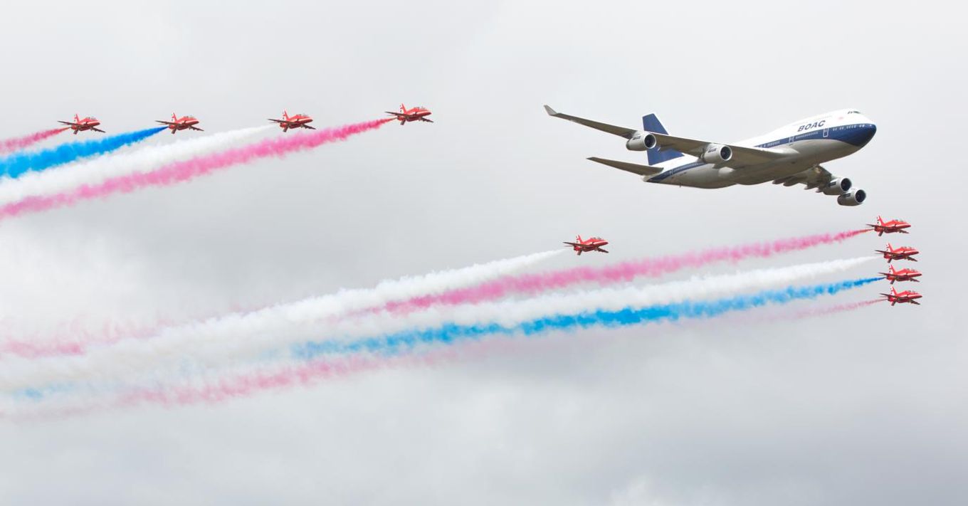 The Red Arrows in formation with smoke stream. 