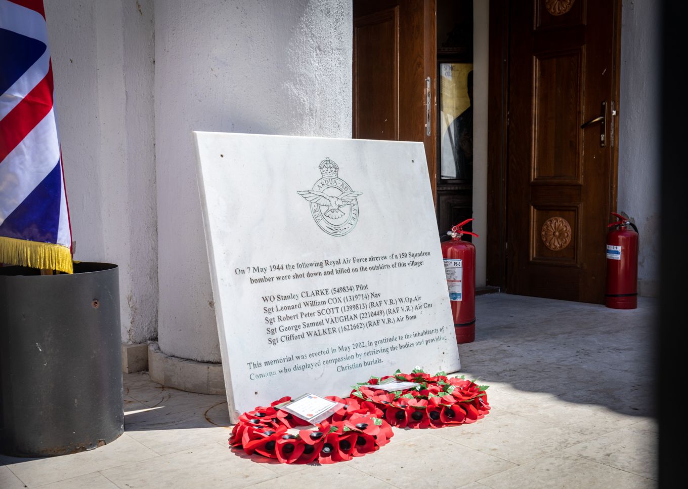 Memorial and poppy wreaths.