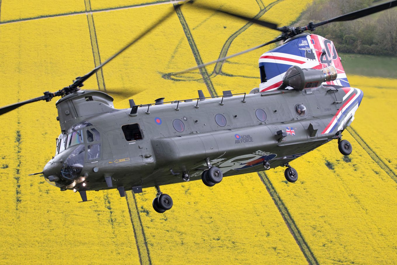 Image shows RAF Chinook with new tail artwork.
