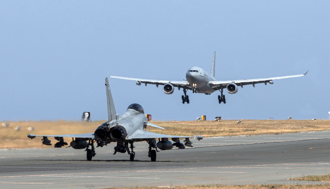 Image shows RAF Typhoon and Voyager aircraft.