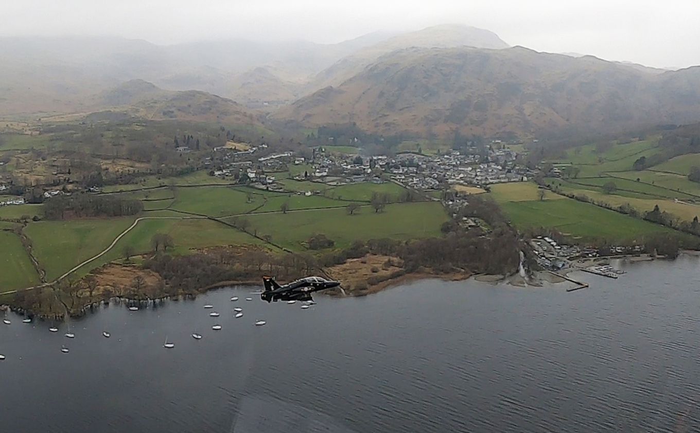 Image shows a photo from one of the Hawk aircraft as they flew over Coniston Water.
