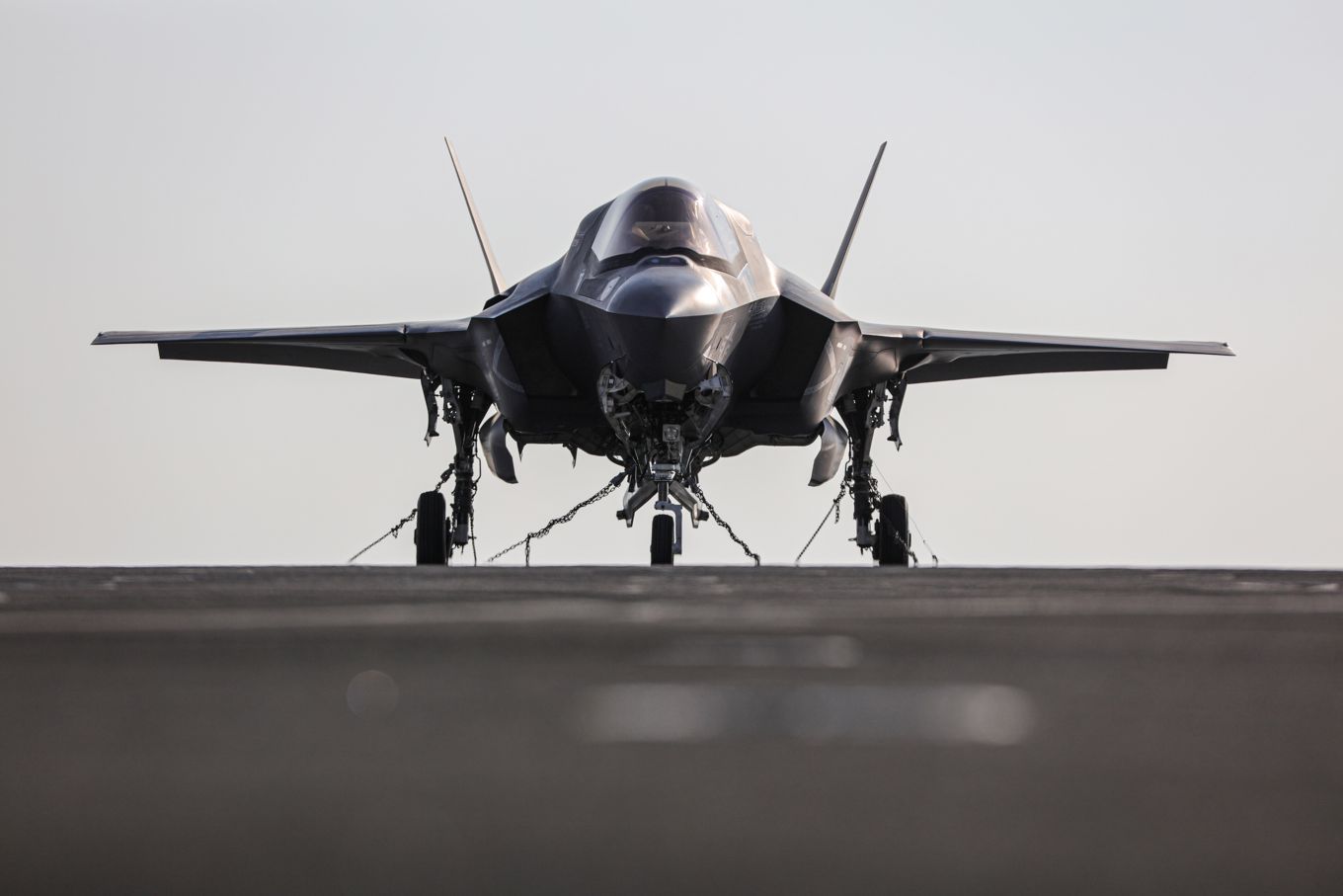 Image shows an F35 aircraft head on.
