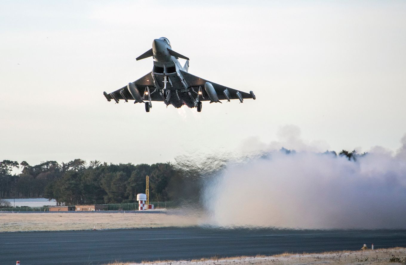 Image shows RAF typhoon aircraft taking off.