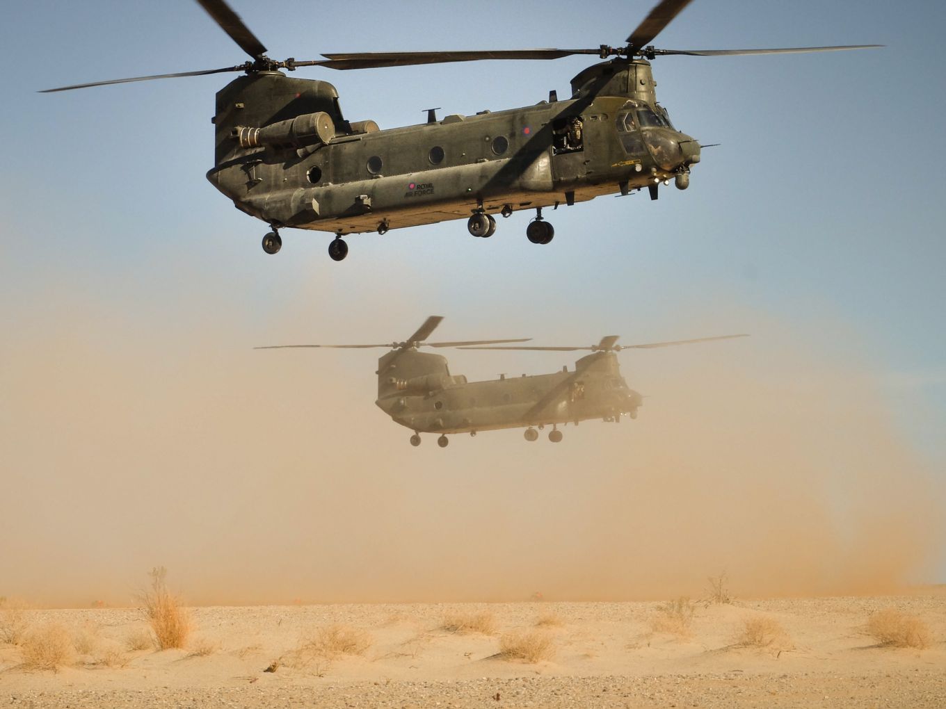 Two Chinooks flying low in Mali.
