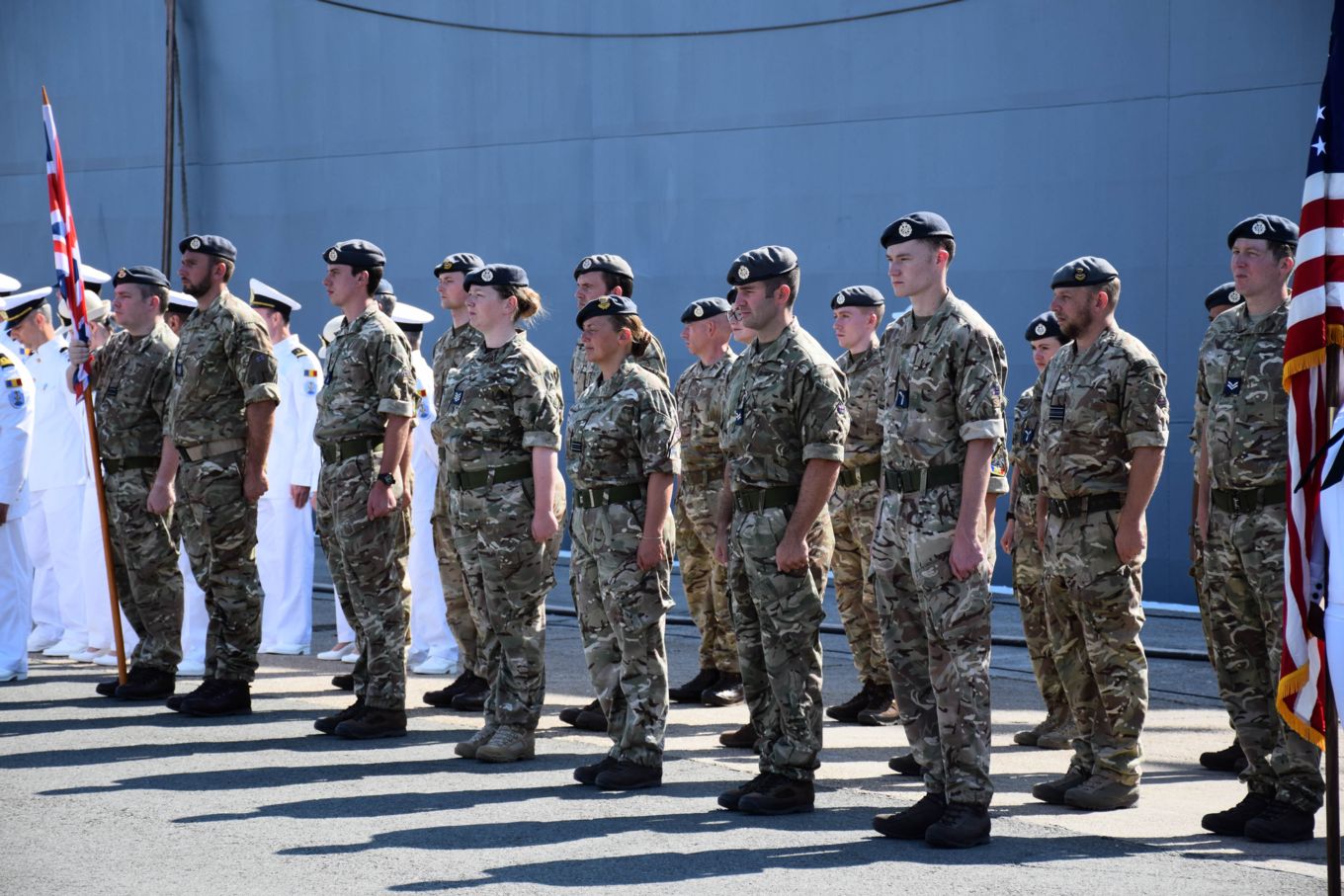 Navy and RAF personnel stand in parade. 