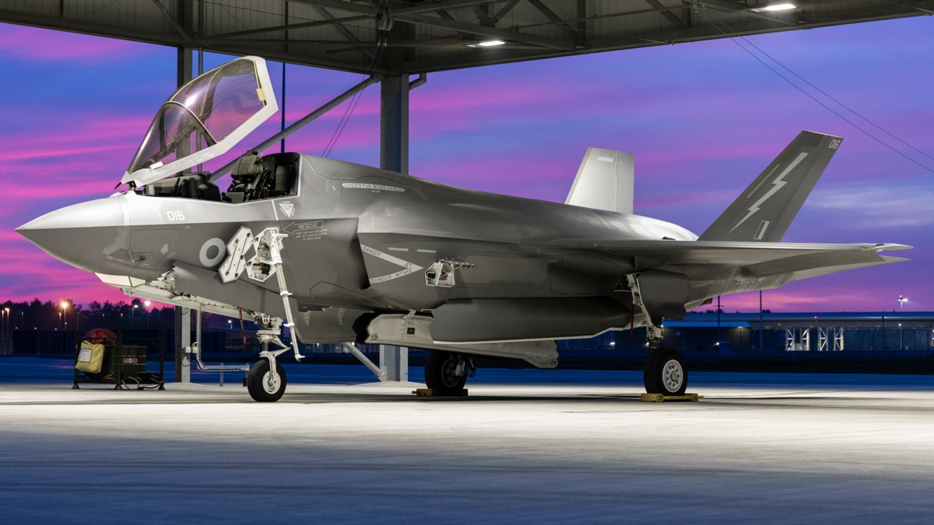 Image shows an RAF F-35 aircraft on the ground.