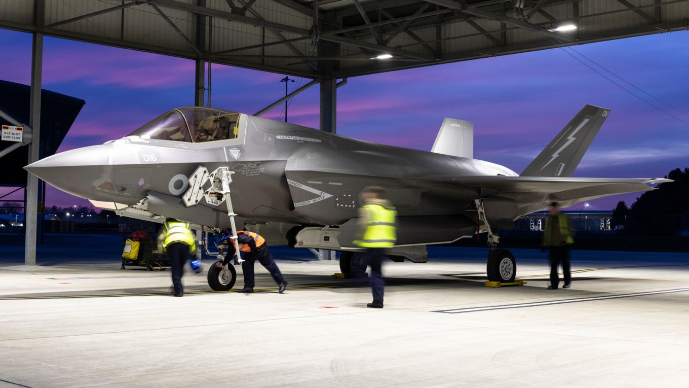 Image shows an RAF F-35 aircraft on the ground.