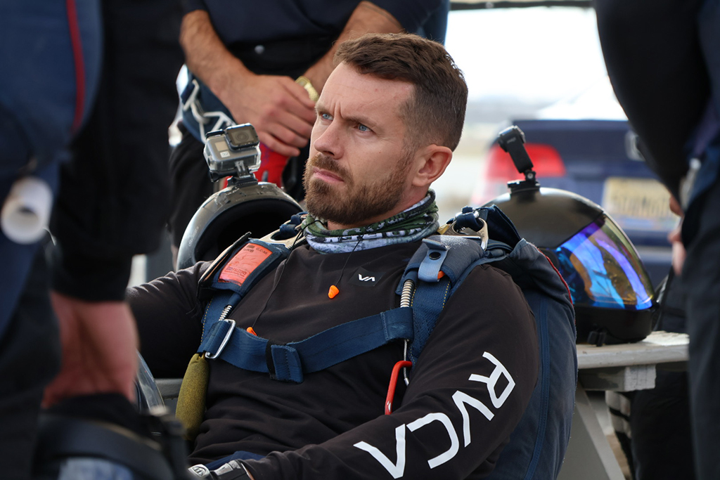 Corporal Higham sits, prepared for his next jump.