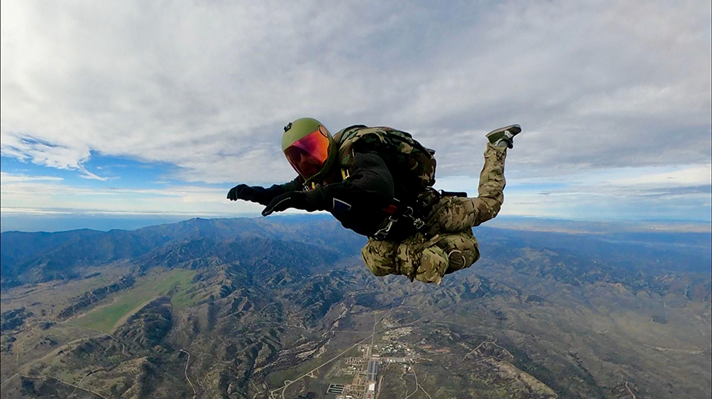 Flight Sergeant Mark Clayton, the new RAF Falcons Parachute Display Team Coach for the 2026 display season, during a freefall decent.