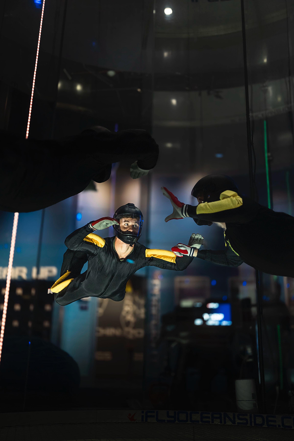 RAF Falcons team members practice their display moves and other other aspects of freefall in the wind tunnel.