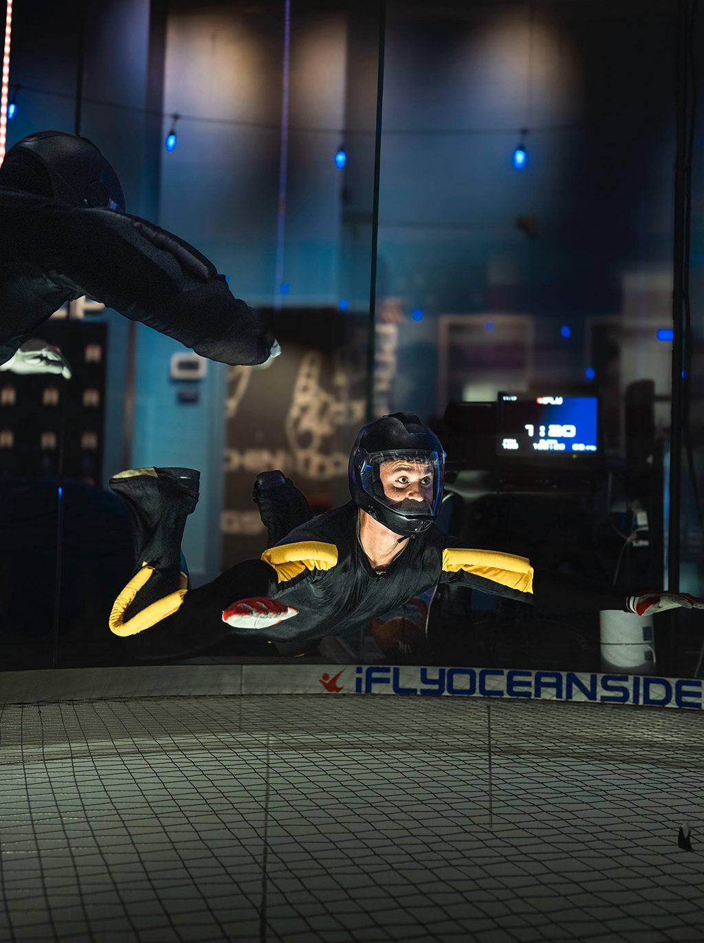 RAF Falcons team members practice their display moves and other other aspects of freefall in the wind tunnel.