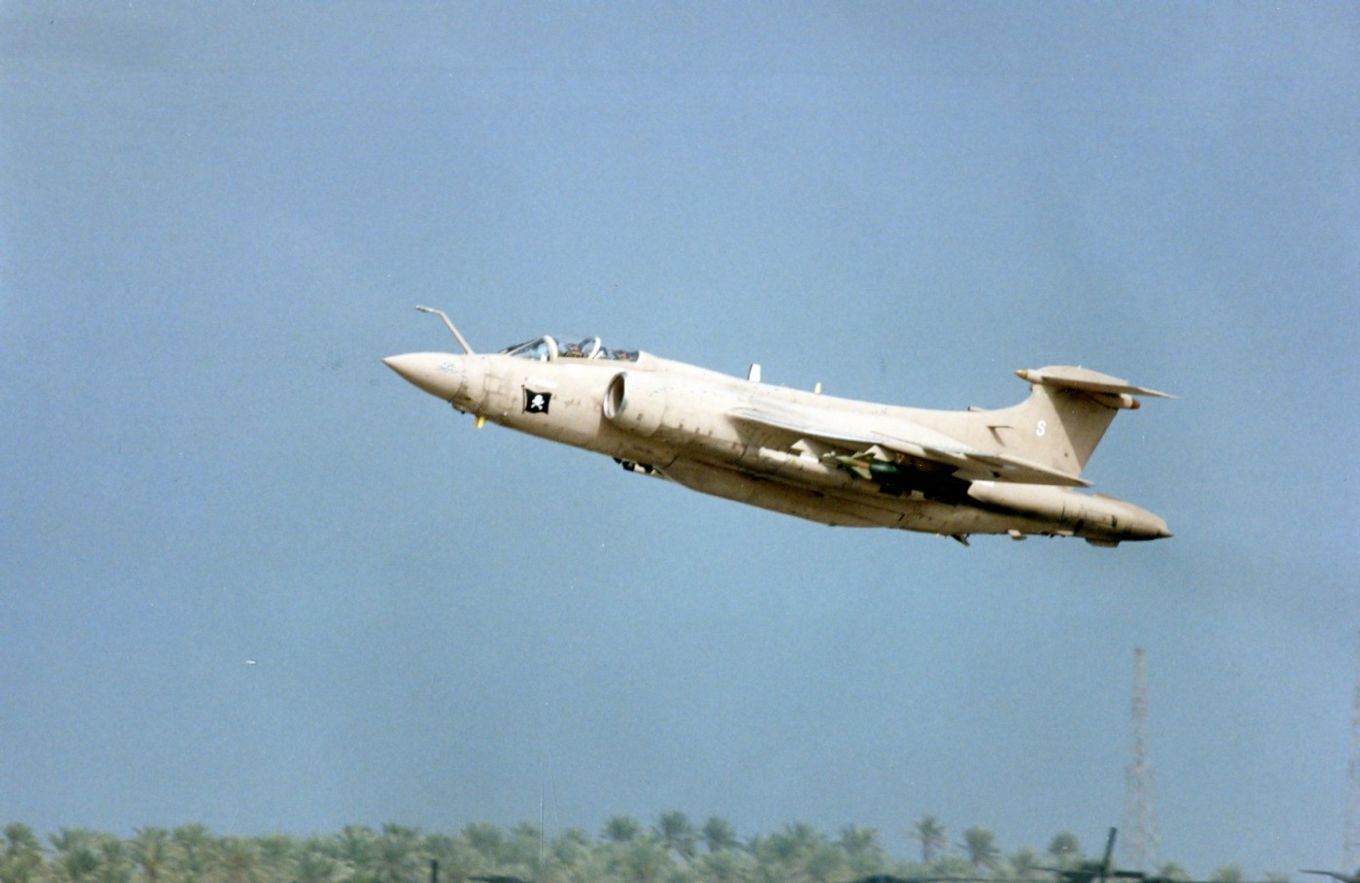 Image shows an RAF Buccaneer aircraft taking off.