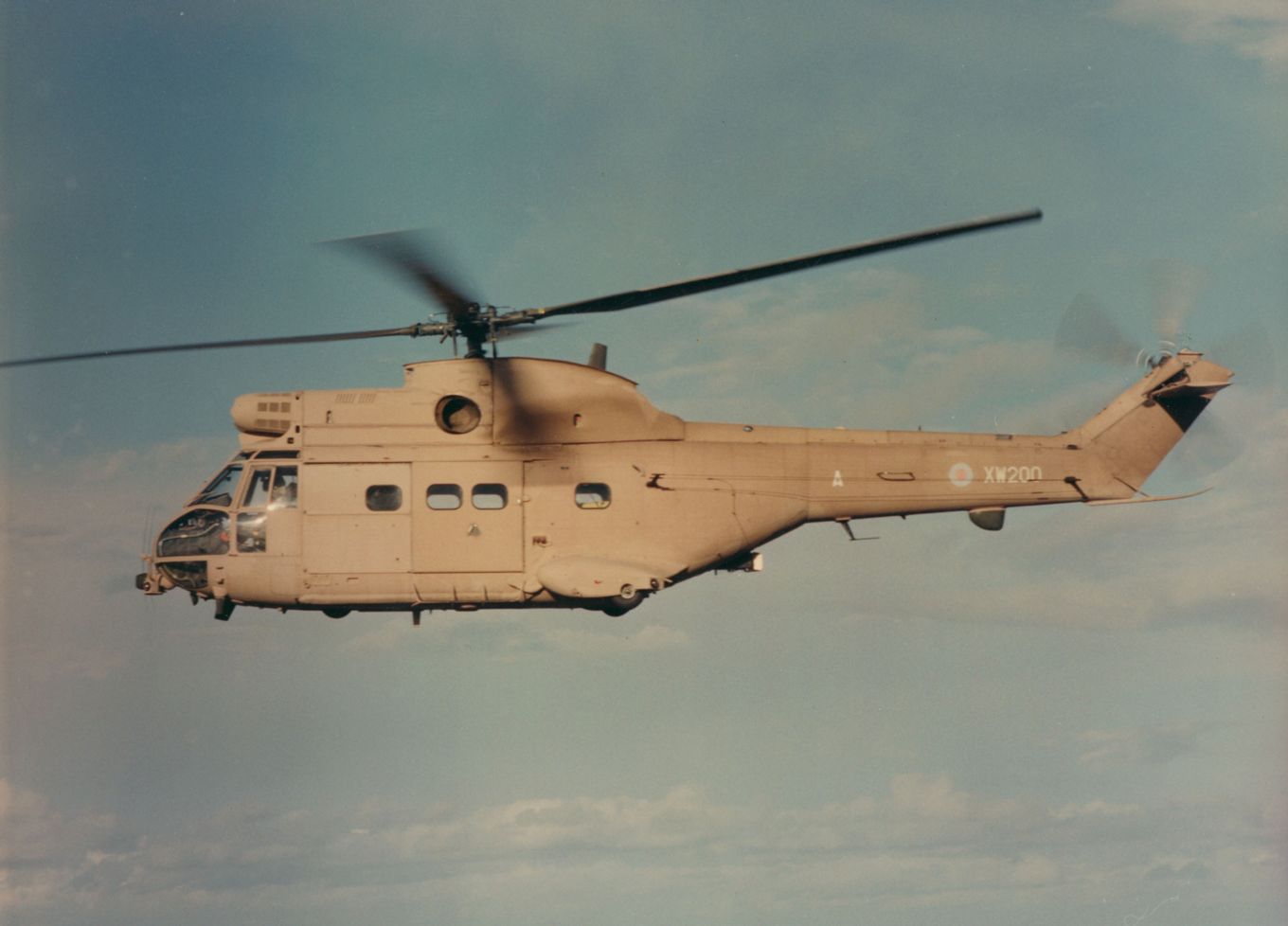 Image shows an RAF Puma helicopter flying.