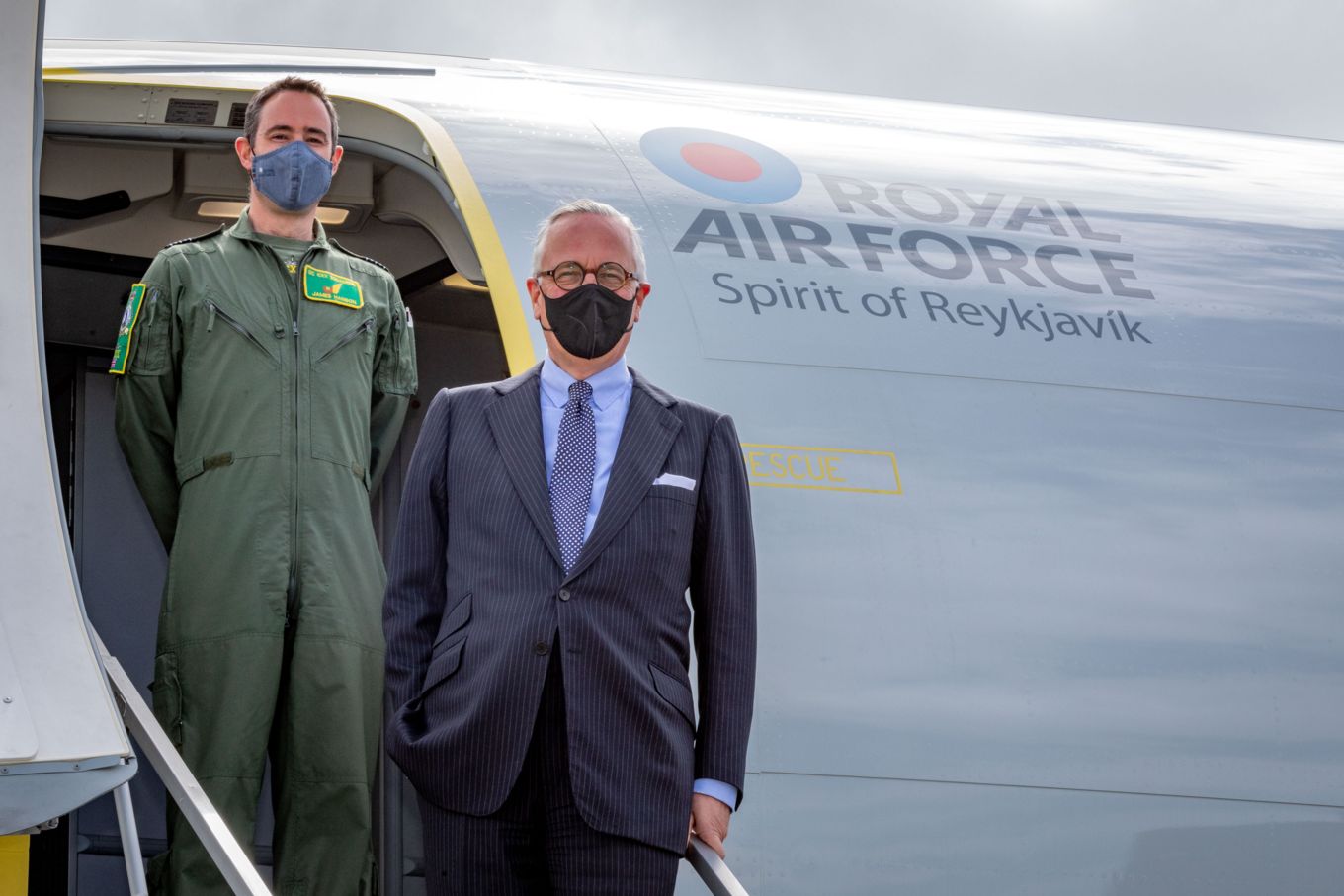 Group Captain Layden and His Excellency Mr Sturla Sigurjónsson departing the His Excellency Mr Sturla Sigurjónsson Spirit of Reykjavik. 