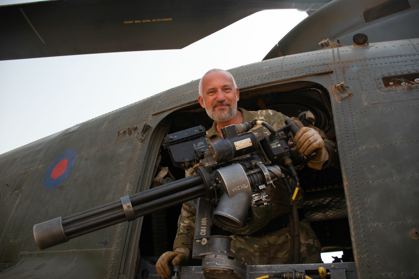 RAF Master Aircrew Ruffles manning the Chinook gunner.