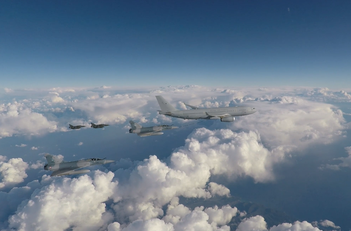 A Royal Air Force Voyager refuelling the Armee de l’air Mirage 2000 fighters