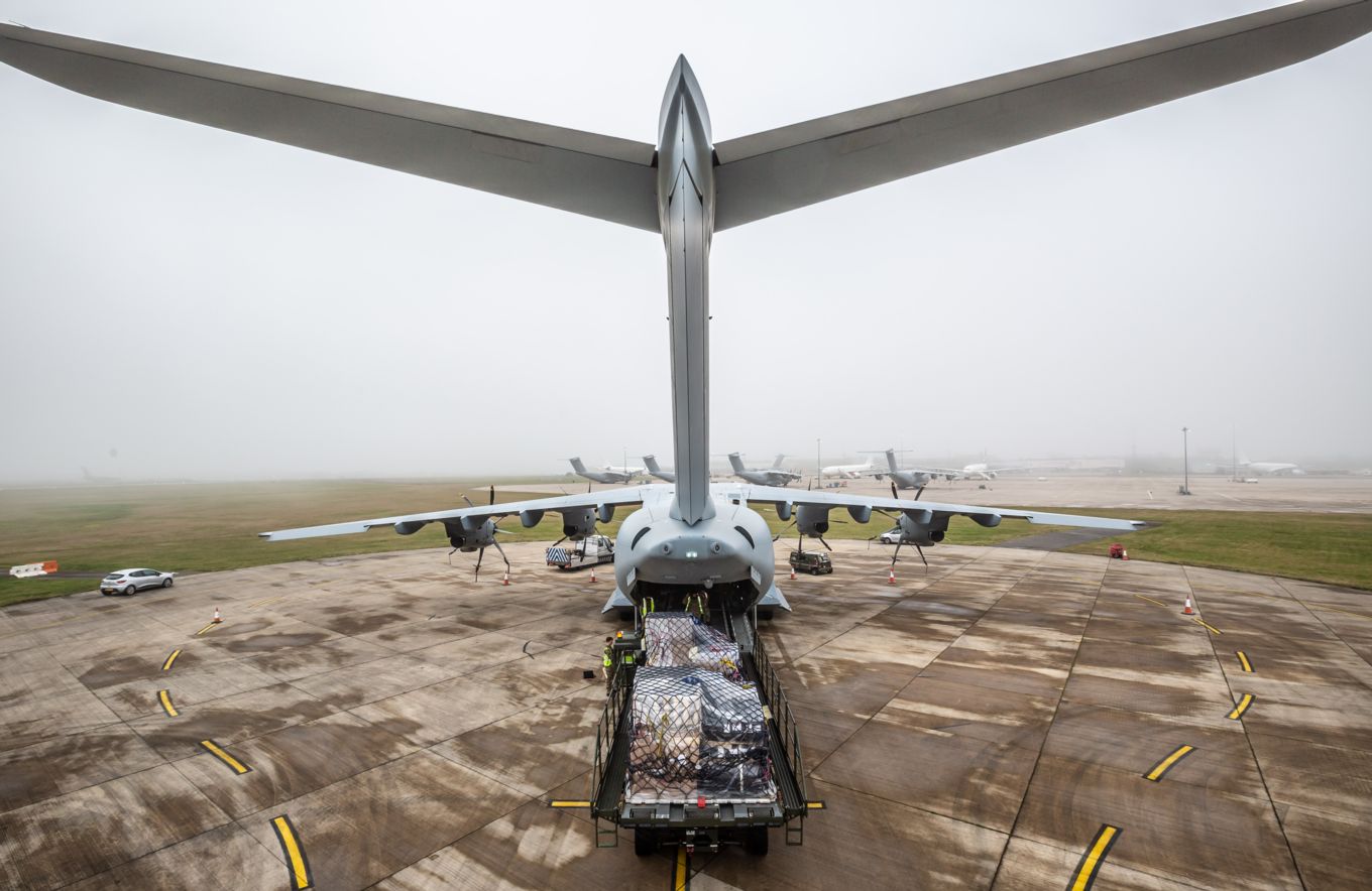 A400M Atlas at RAF Brize Norton being loaded with the Pfizer COVID-19 vaccine prior to departing for Gibraltar