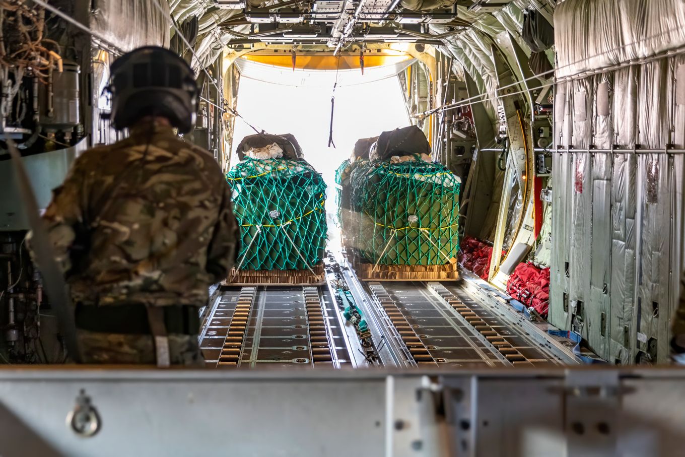 A second C-130J Hercules contained a series of cargo pallets of supplies which were also airdropped into the training area