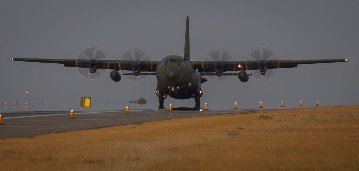 A C-130J Hercules takes off from RAF Akrotiri to conduct a mission in support of Operation SHADER in 2018