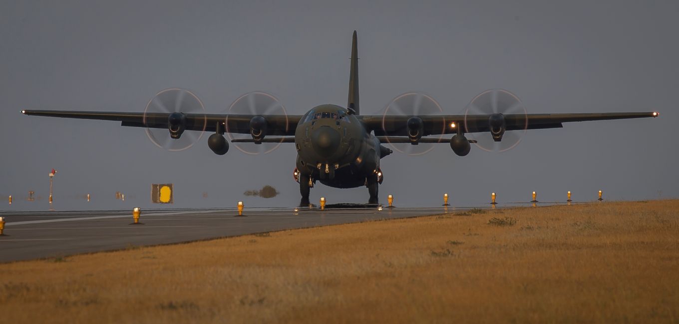 A C-130J Hercules takes off from RAF Akrotiri to conduct a mission in support of Operation SHADER in 2018