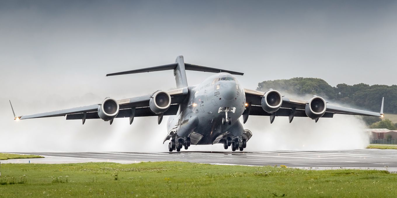 A Royal Air Force C-17 Globemaster aircraft, operated by Number 99 Squadron, based ar RAF Brize Norton