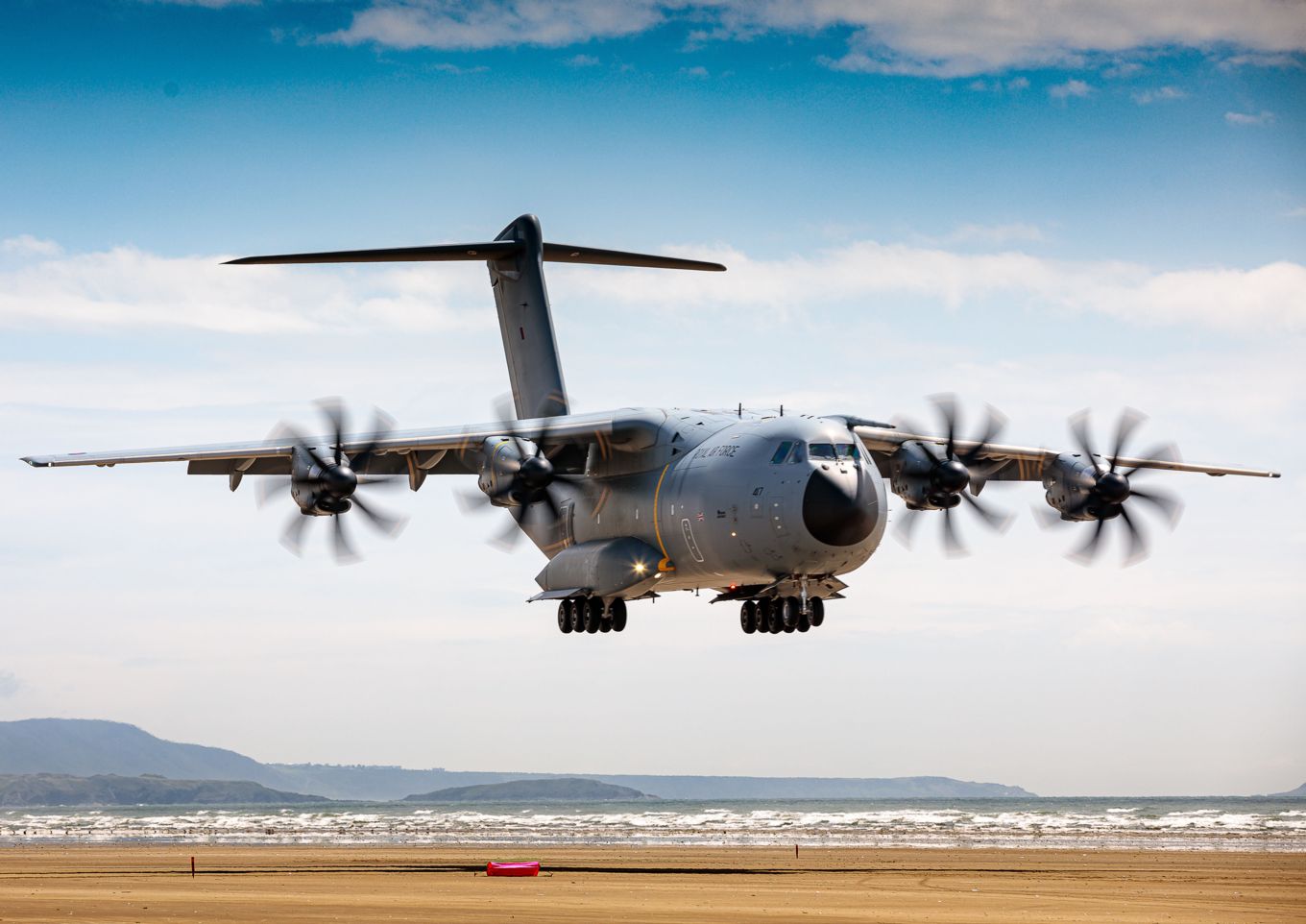 The A400M Atlas coming into land at Pembrey Sands, Wales. 