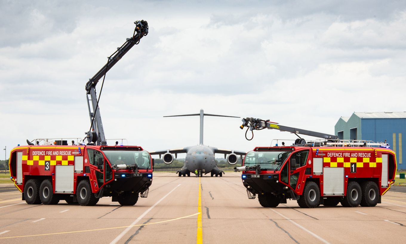 Pictured on the airfield with a C17 Globemaster, these new vehicles will improve firefighting capability at RAF Brize Norton