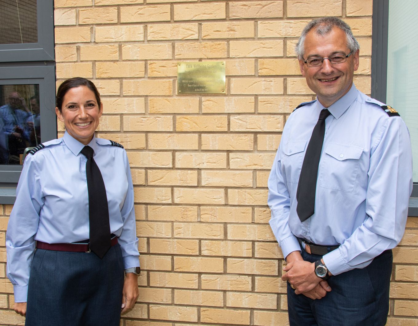 Pictured, Air Officer Medical and Head of the RAF Medical Service, Air Commodore Dave McLoughlin and Officer Commanding Tactical Medical Wing, Wing Commander Jo Bland in the garden with the commemorate plaque