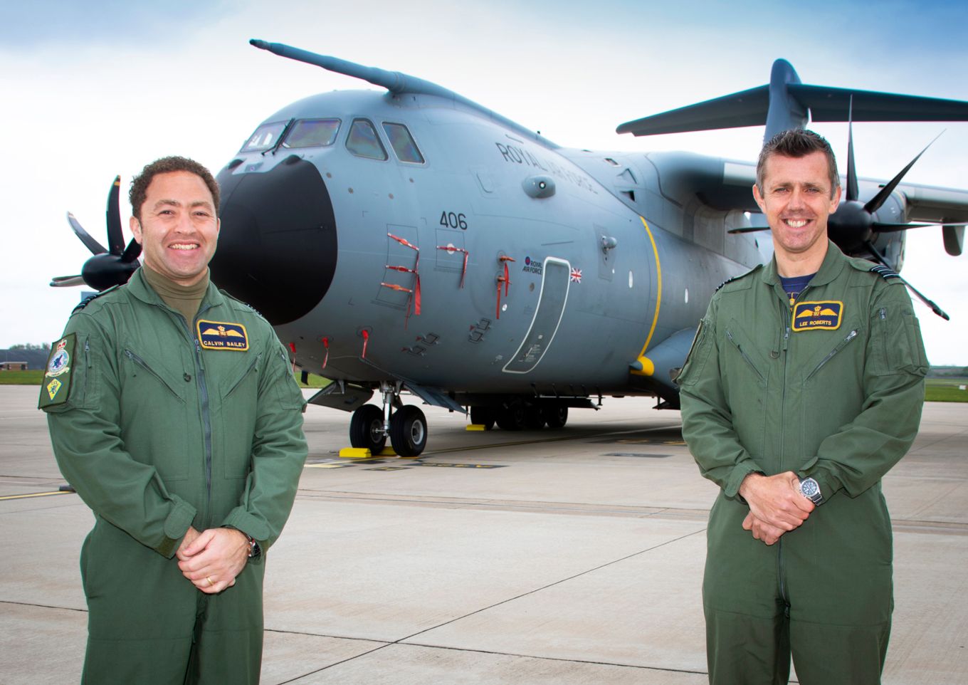 Pictured, Wing Commander Lee Roberts and Wing Commander Calvin Bailey in front of an A400M Atlas at RAF Brize Norton, Oxfordshire.