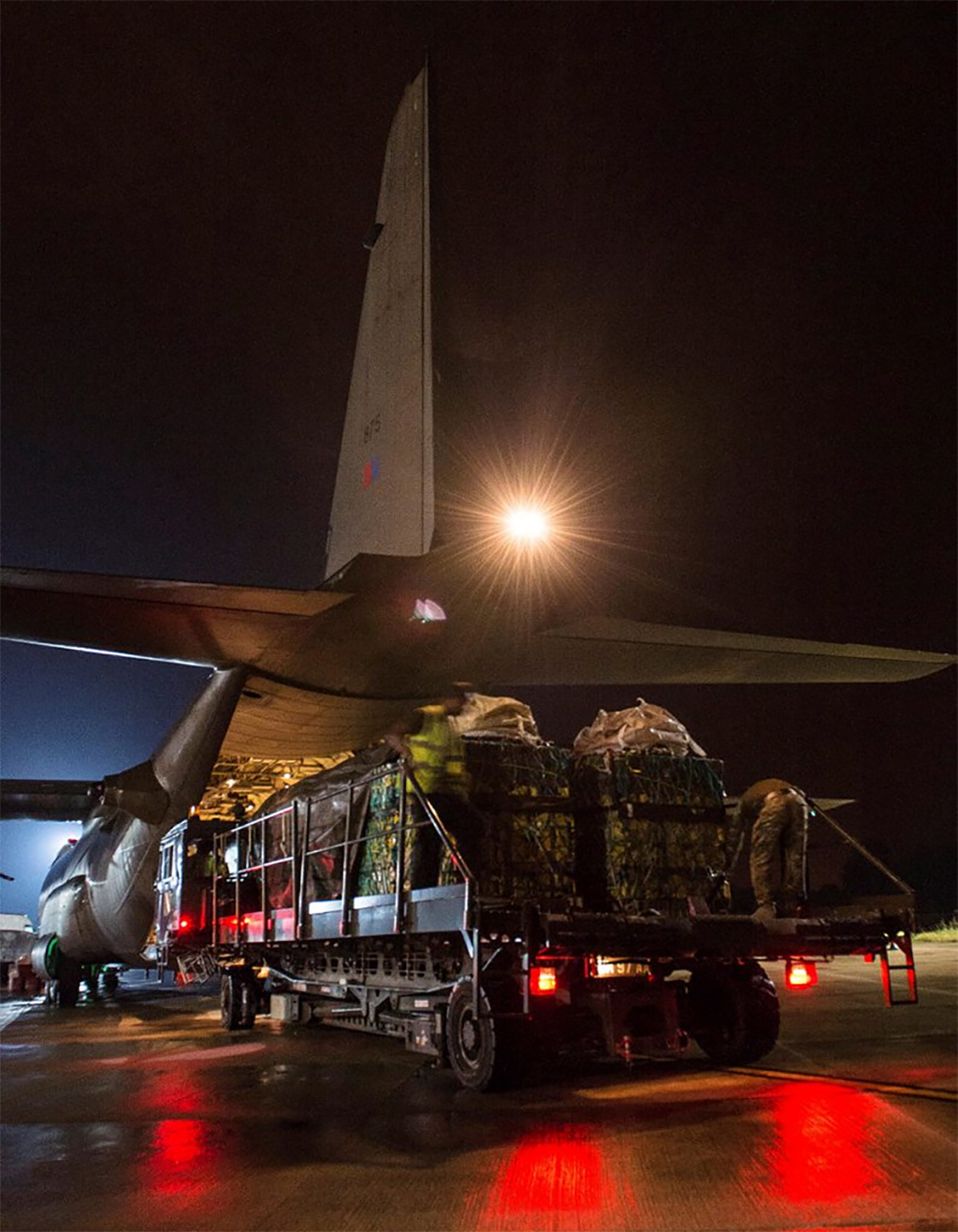 Preparing a RAF C-130 Hercules for humanitarian air airdrops 