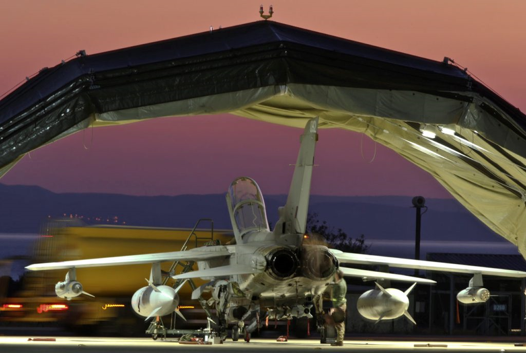 A RAF Tornado under a shelter