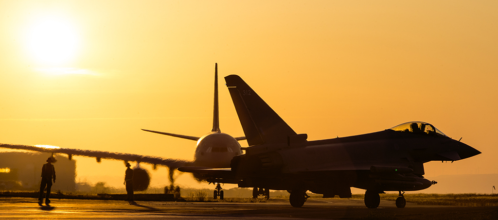 A RAF Voyager and Typhoon at sunset