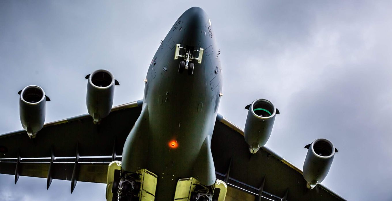 A Royal Air Force C-17 Globemaster aircraft, operated by Number 99 Squadron, based ar RAF Brize Norton