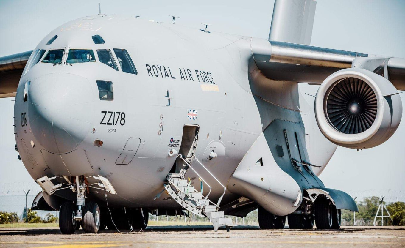 A Royal Air Force C-17 Globemaster aircraft, operated by Number 99 Squadron, based ar RAF Brize Norton
