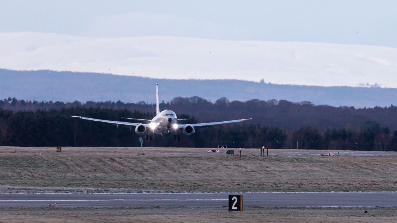 Image shows the new RAF Poseidon aircraft landing.