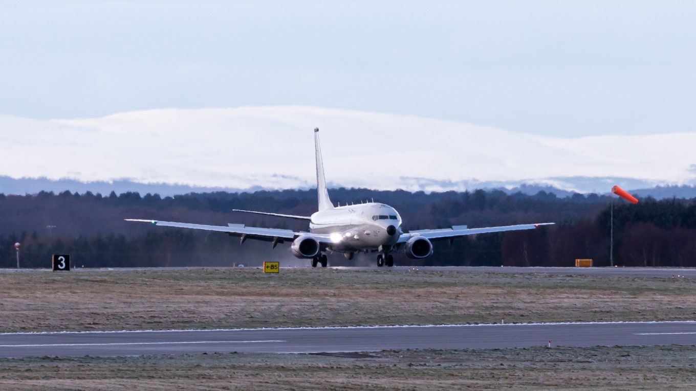 Image shows the new RAF Poseidon aircraft landing.
