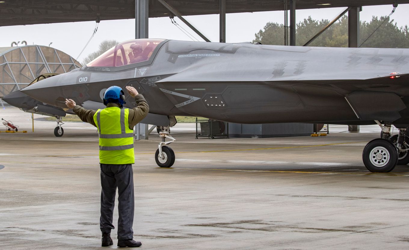 F-35 Lightning Aircraft being marshalled to taxiway