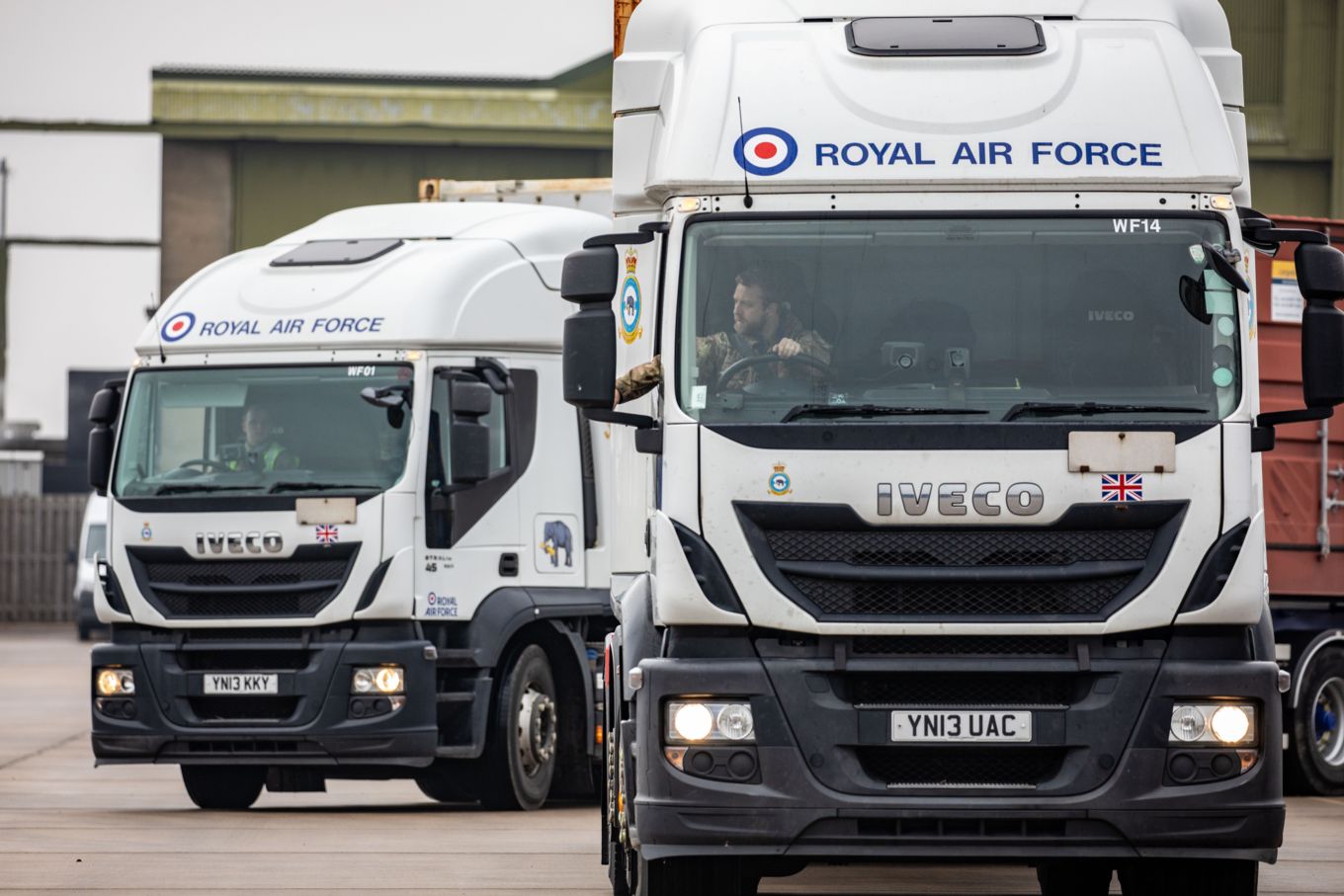The trucks from 2 (MT) Squadron roll out from RAF Wittering on their way to Marchwood