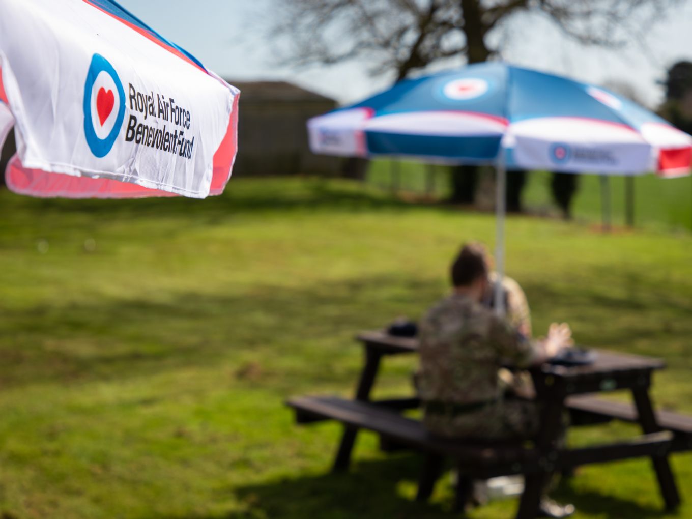 The new benches and RAFBF parasols at RAF Wittering