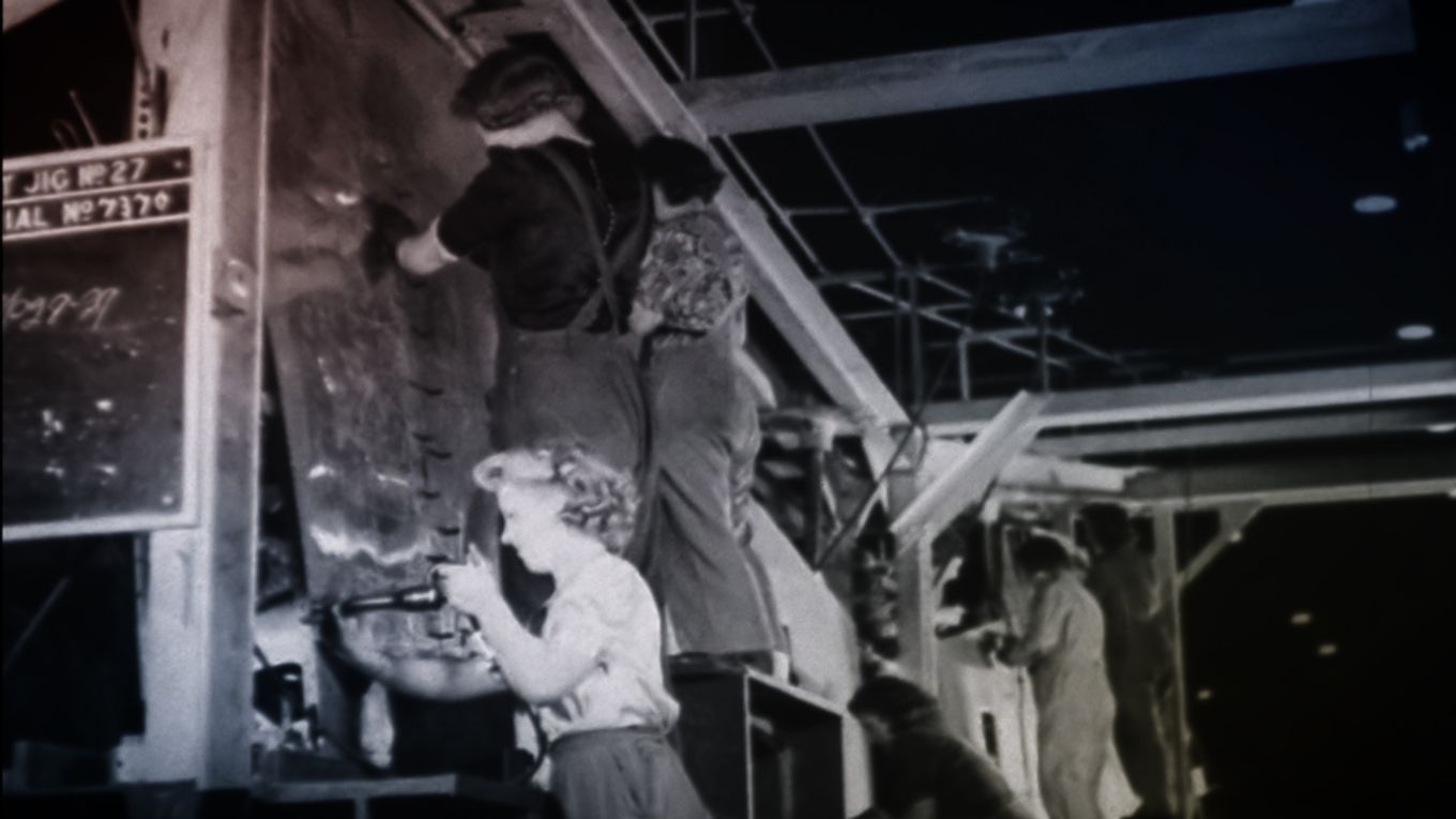 Black and white image of the women building the Secret Spitfires.