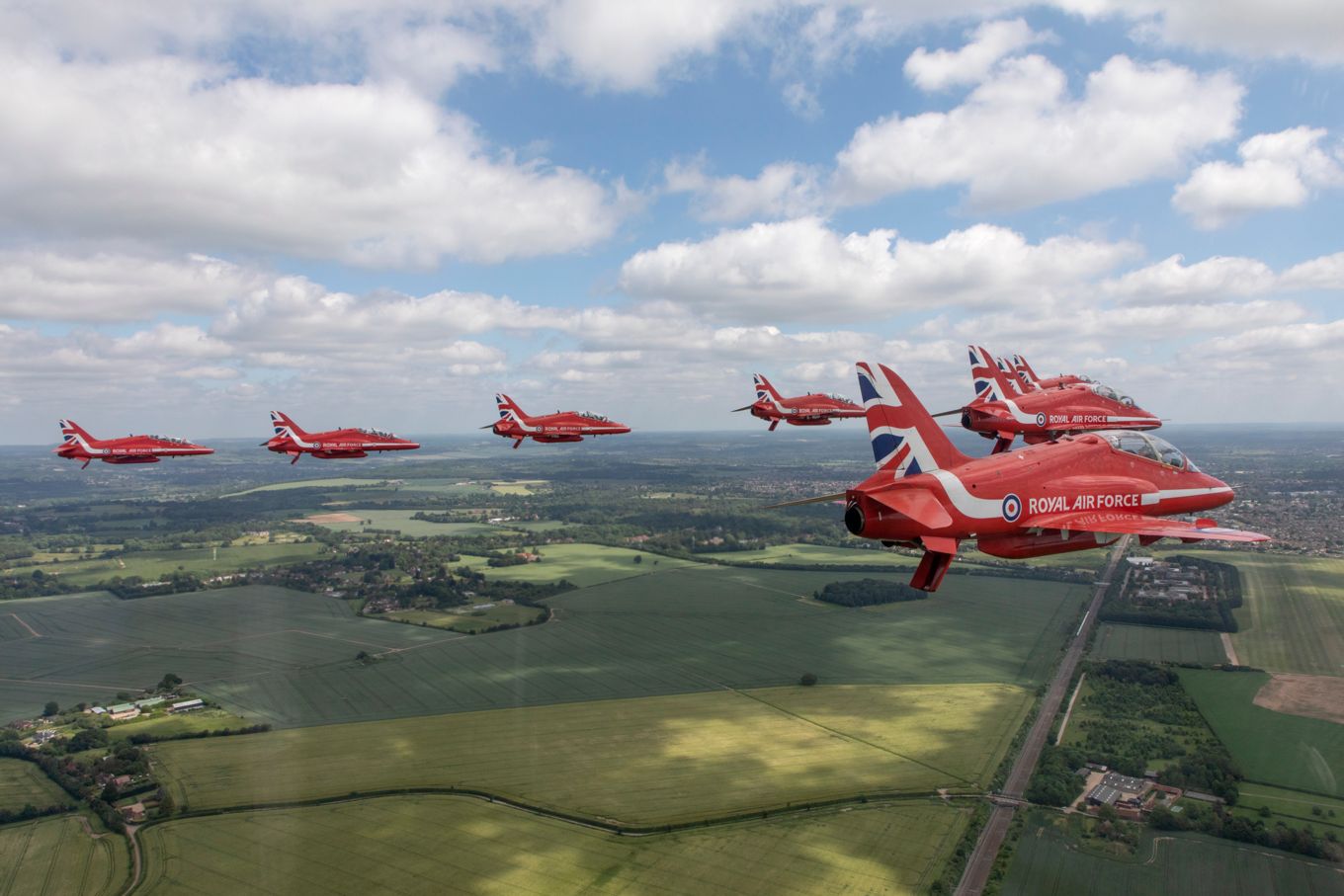 Red Arrows in v formation. 